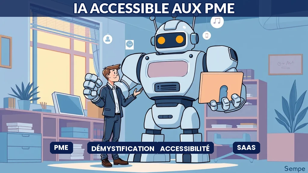 Dirigeant PME découvrant des outils IA accessibles sur écran avec interface simplifiée
