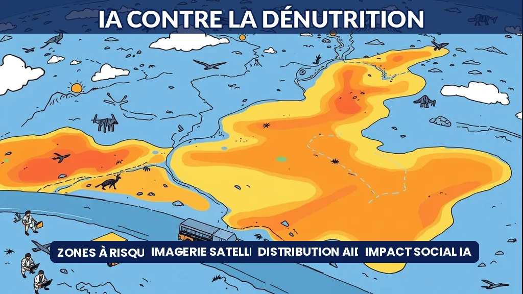 Carte satellite enrichie par intelligence artificielle montrant des zones à risque de dénutrition avec indicateurs