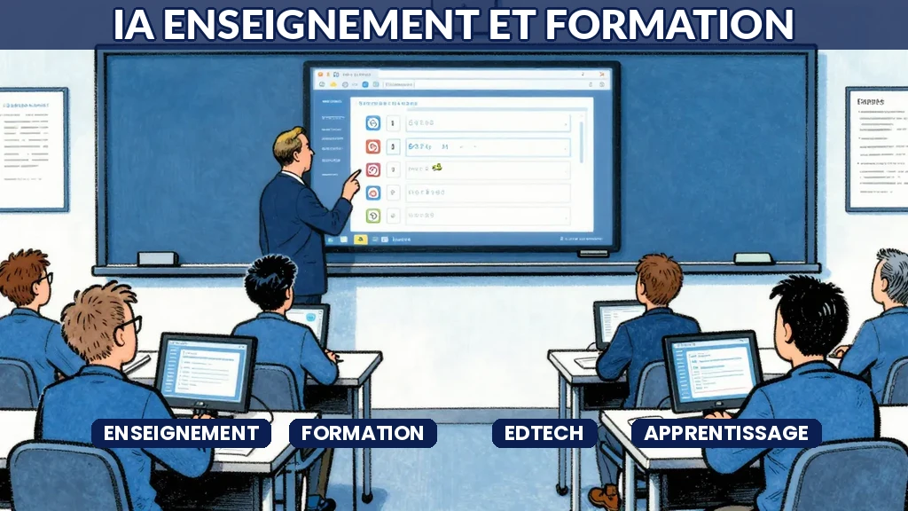 Salle de classe avec plateforme IA interactive sur écran et étudiants en formation