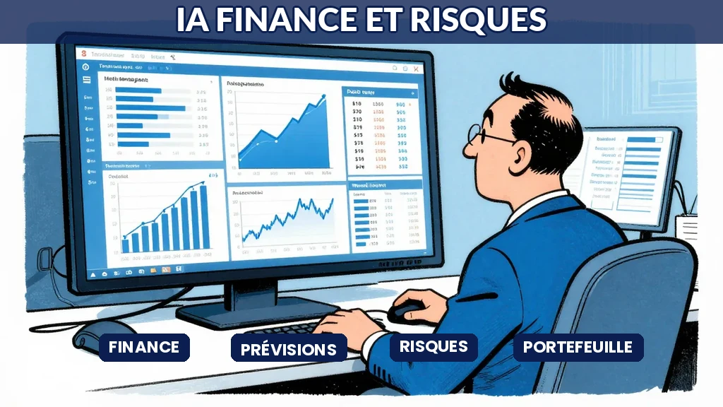 Analyste financier avec tableau de bord IA montrant graphiques et analyses de risques