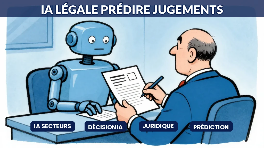 Robot judge analyzing legal documents to predict court outcomes in courtroom