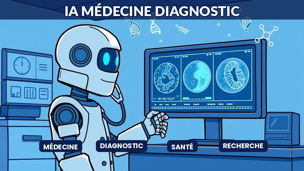 Robot médecin analysant des scanners médicaux avec hélices ADN et structures moléculaires dans un hôpital