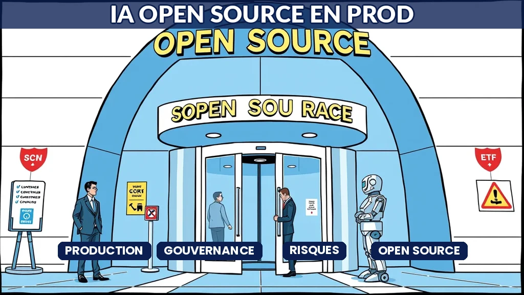 Bâtiment open source avec porte tournante et robot gardien vérifiant la conformité des visiteurs
