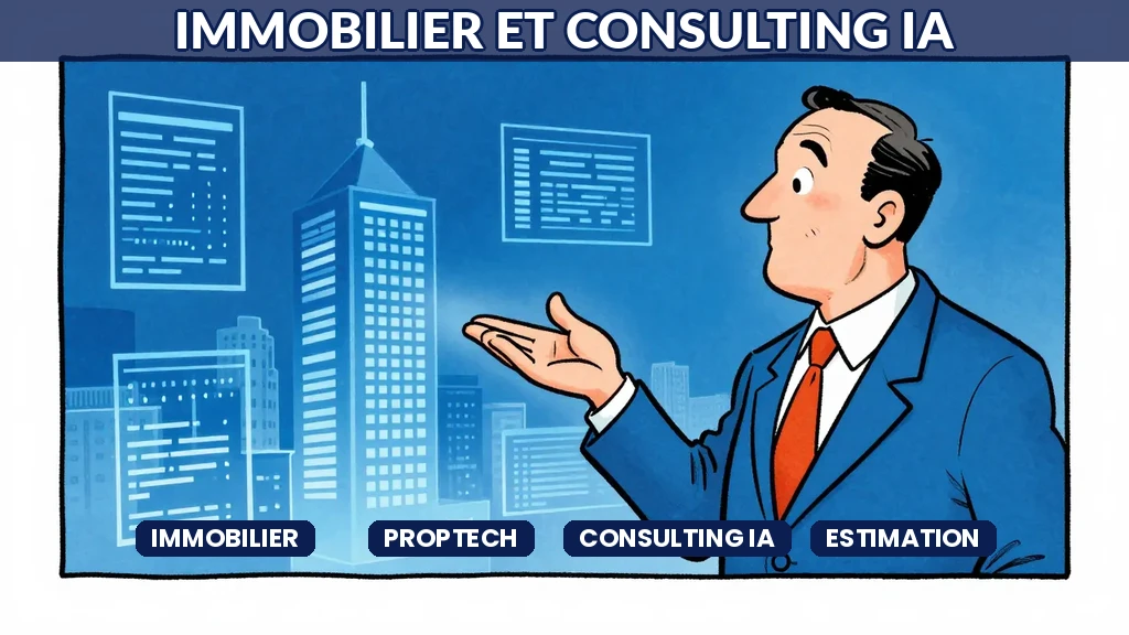Consultant IA présentant des analyses immobilières avec bâtiments et données prédictives