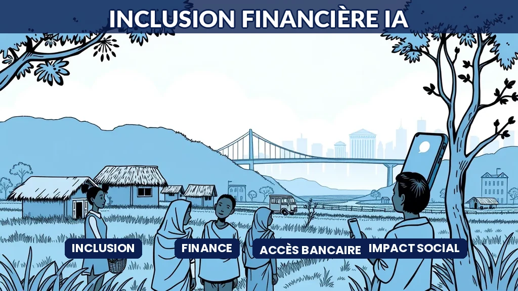 Villageois recevant des services bancaires via téléphone mobile IA avec pont les reliant à une ville avec banques
