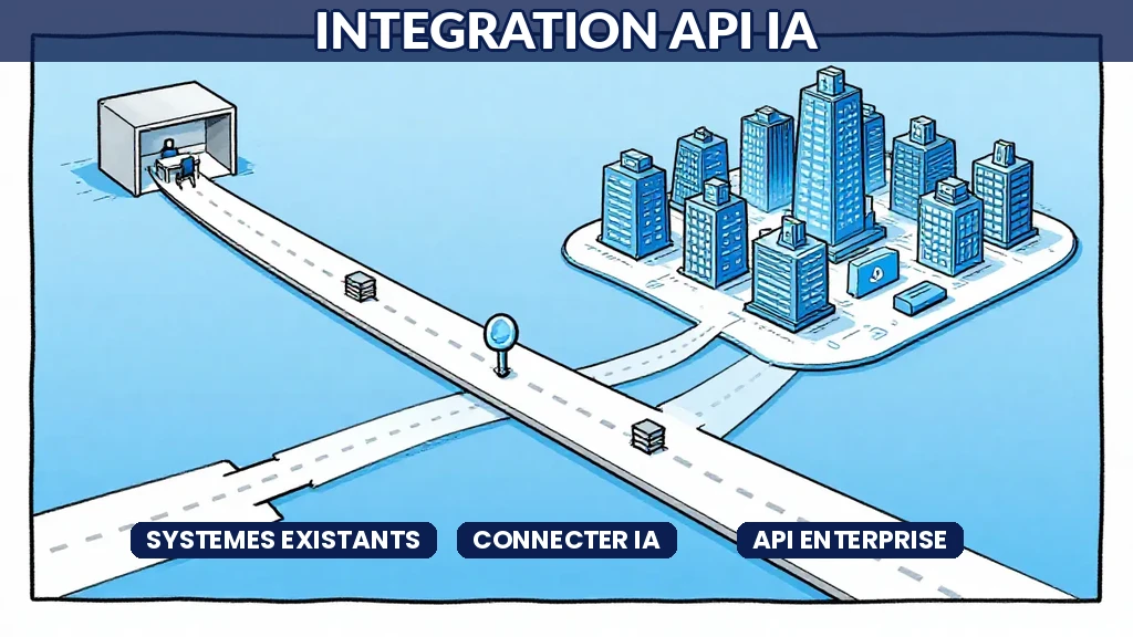 Schéma darchitecture montrant lintégration API entre outils intelligence artificielle et systèmes existants en entreprise