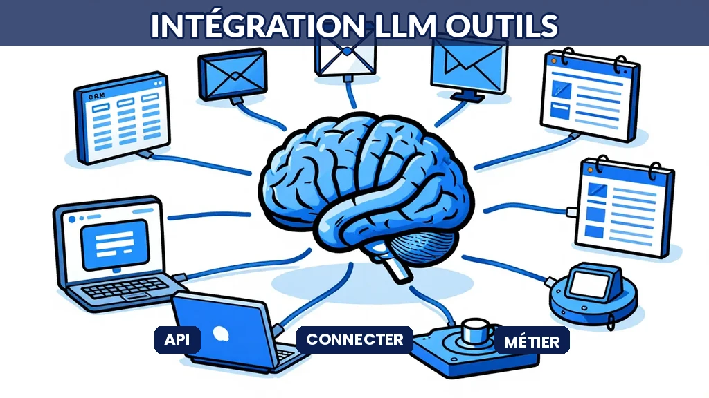 Schéma d'intégration montrant LLM connecté à plusieurs outils métier