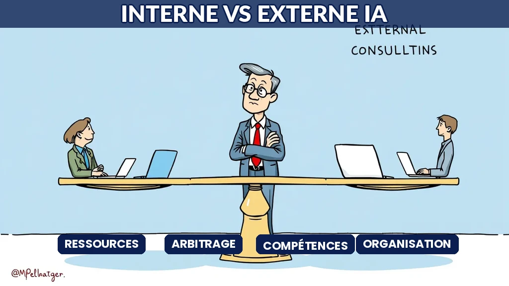 Balance avec employés internes d'un côté et consultants externes de l'autre avec un manager réfléchissant au milieu