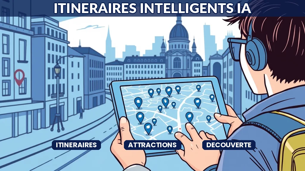 ** Application mobile affichant un itinéraire touristique intelligent généré par intelligence artificielle avec recommandations personnalisées