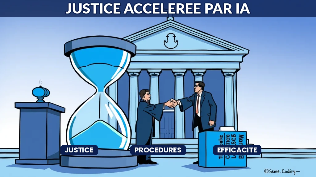 ** Tableau de bord judiciaire montrant la réduction des délais de procédure grâce à l'intelligence artificielle et l'automatisation