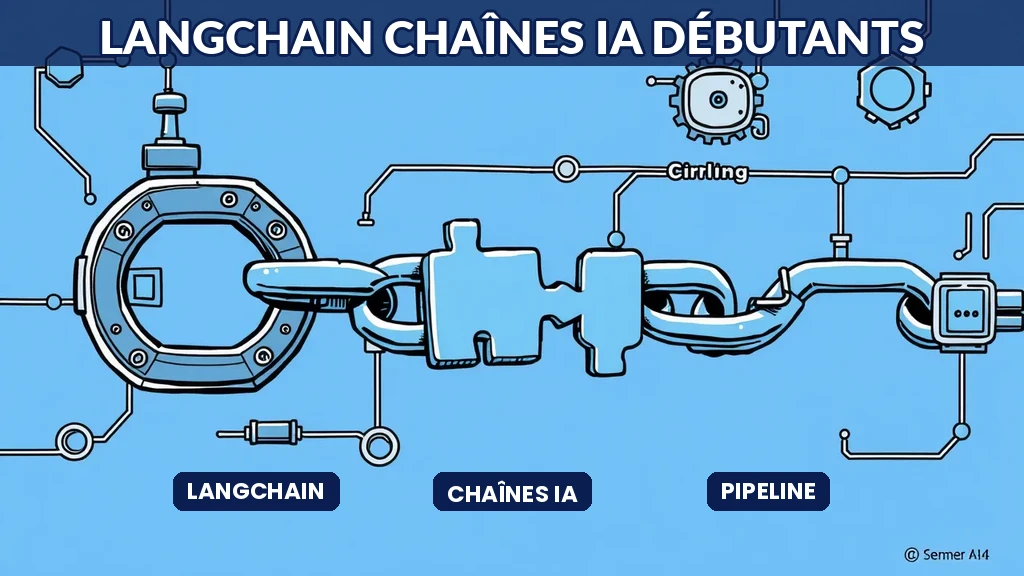 Schéma visuel de chaînes LangChain montrant des composants IA connectés en pipeline