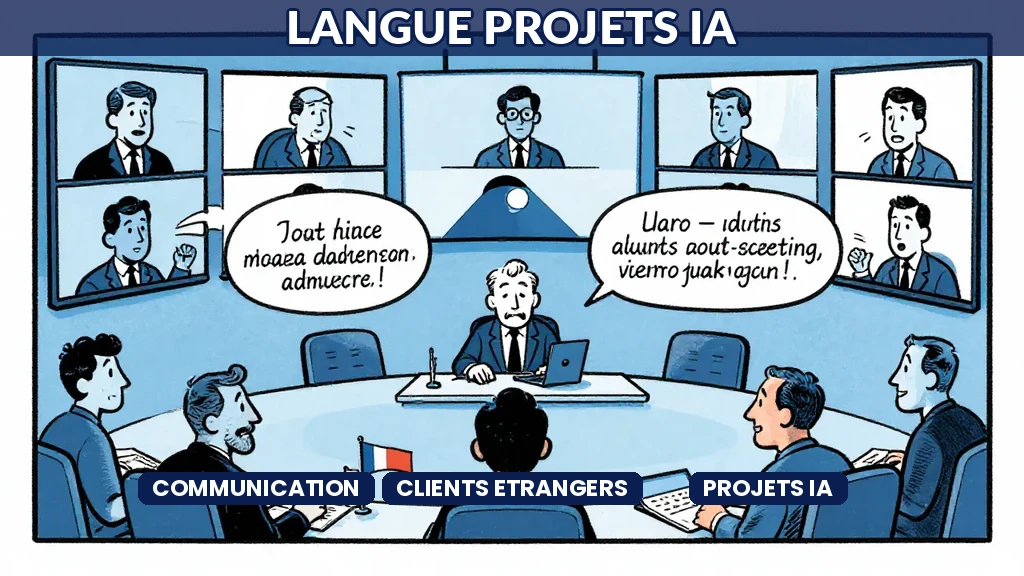 Écrans de visioconférence multilingue illustrant la gestion de projets IA avec des clients internationaux