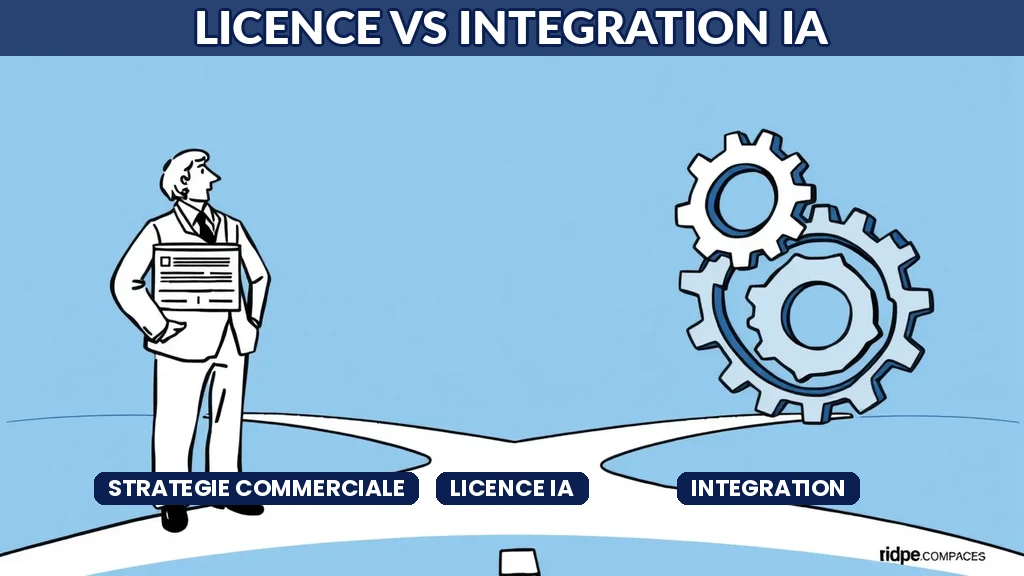 Schéma comparatif entre modèle de licence logicielle et intégration sur mesure pour une offre IA en entreprise