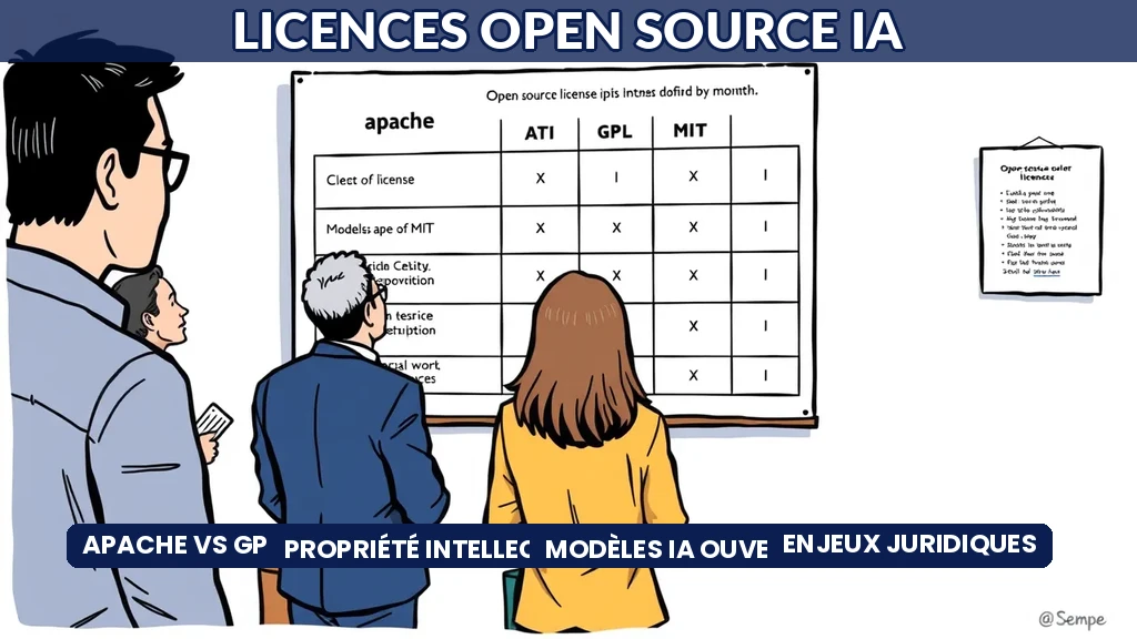 Schéma comparatif des licences open source Apache GPL et MIT appliquées aux modèles IA en entreprise