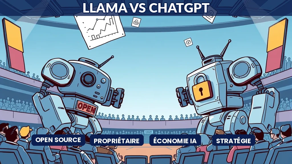 Deux robots représentant Llama et ChatGPT face à face dans une arène technologique avec graphiques économiques
