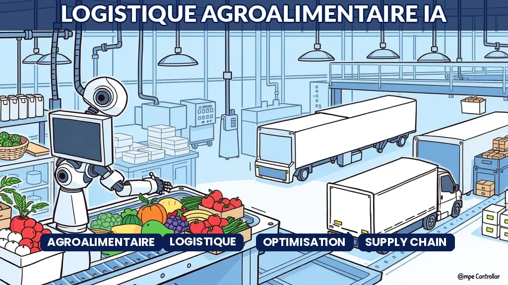 Usine agroalimentaire avec robot contrôleur qualité triant produits sur convoyeur et camions au quai