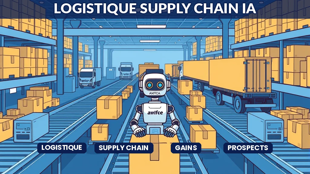 Robot IA orchestrant les flux logistiques dans un entrepôt avec convoyeurs et camions de livraison