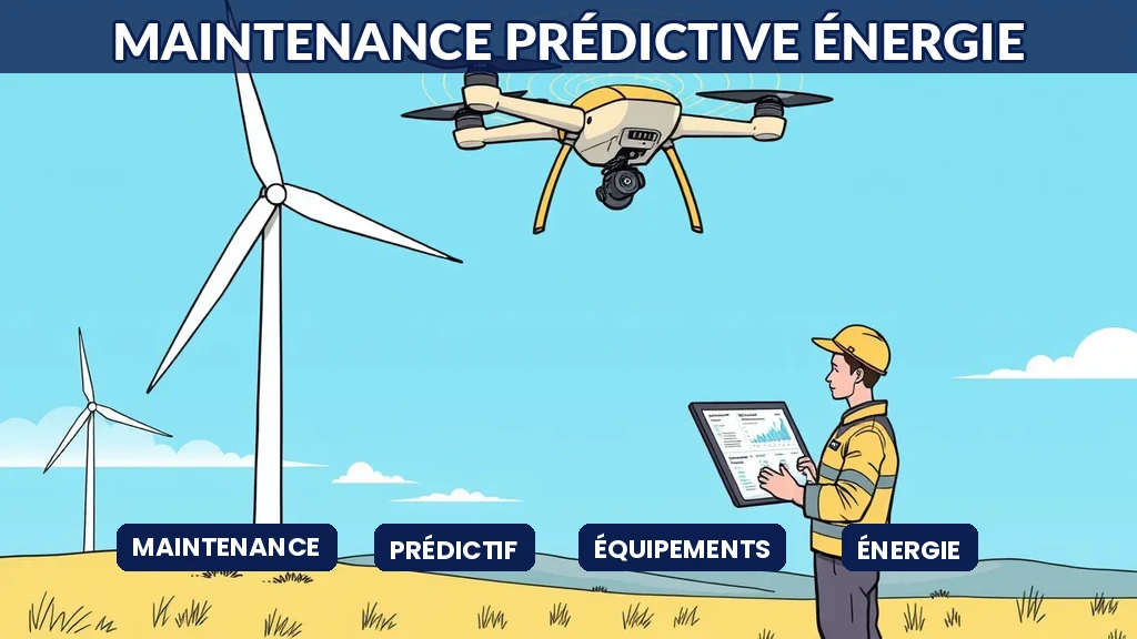 Éolienne examinée par un drone IA avec capteurs et technicien tenant une tablette de maintenance prédictive