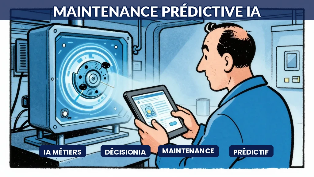 Technician with AI tablet predicting machine failure