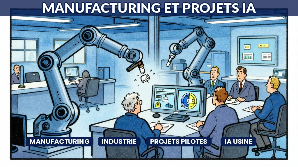 Usine avec bras robotiques et tableau de bord IA pour projets pilotes manufacturing