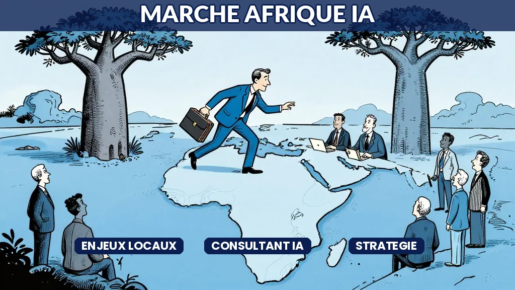 Consultant IA analysant une carte du continent africain avec des indicateurs de transformation digitale