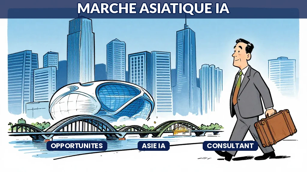 Carte de lAsie avec des points lumineux représentant les pôles technologiques et les opportunités de consulting IA pour les cabinets occidentaux