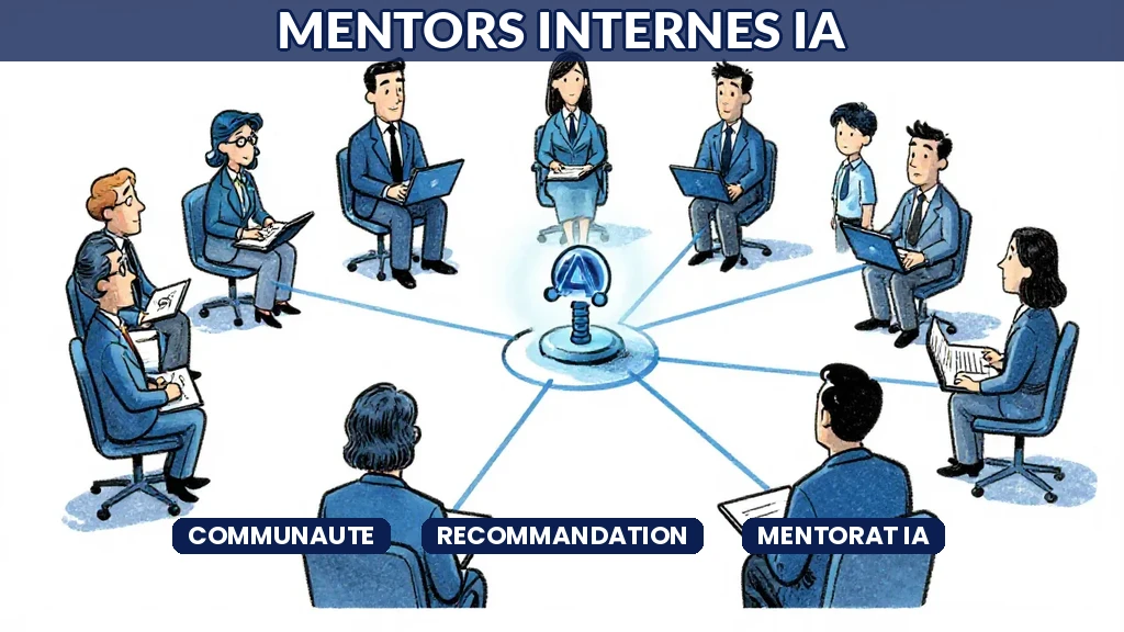 Réseau de connexions entre collaborateurs affiché par une interface IA avec recommandations de mentors internes et scores de compatibilité