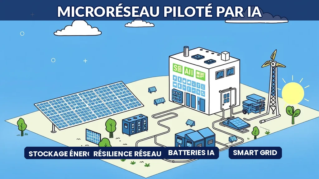 Schéma d'un microréseau intelligent avec batteries et panneaux solaires pilotés par intelligence artificielle