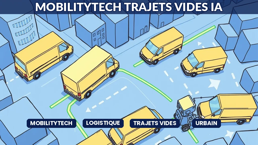 Vue aérienne de ville avec camions de livraison redirigés par robot IA pour éviter les trajets à vide