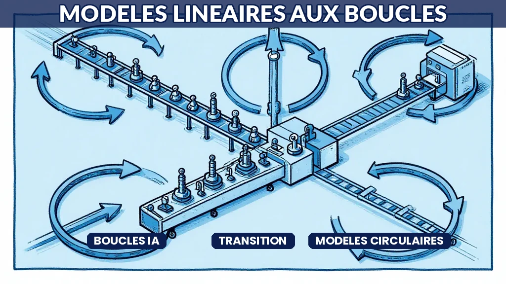 Schéma de transformation montrant le passage dun modèle économique linéaire vers des boucles de rétroaction alimentées par lIA