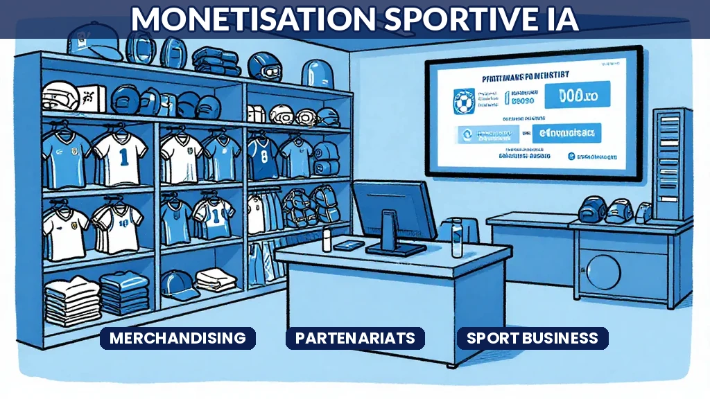 Tableau de bord de monétisation sportive affichant des prévisions de ventes de merchandising et des indicateurs de performance de partenariats analysés par IA