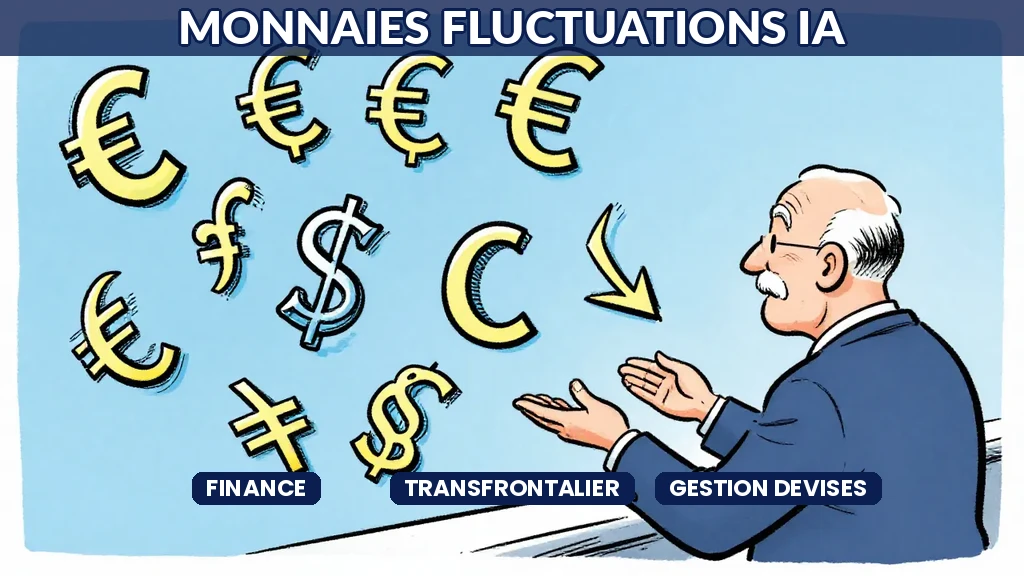 Symboles de devises internationales superposés sur un graphique de fluctuations monétaires illustrant la gestion financière du consulting IA transfrontalier