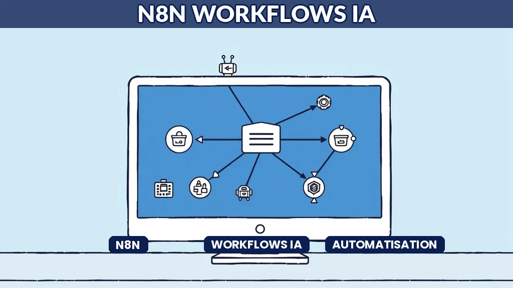 Interface n8n affichant un workflow automatisé avec noeuds intelligence artificielle connectés à des applications métiers en entreprise