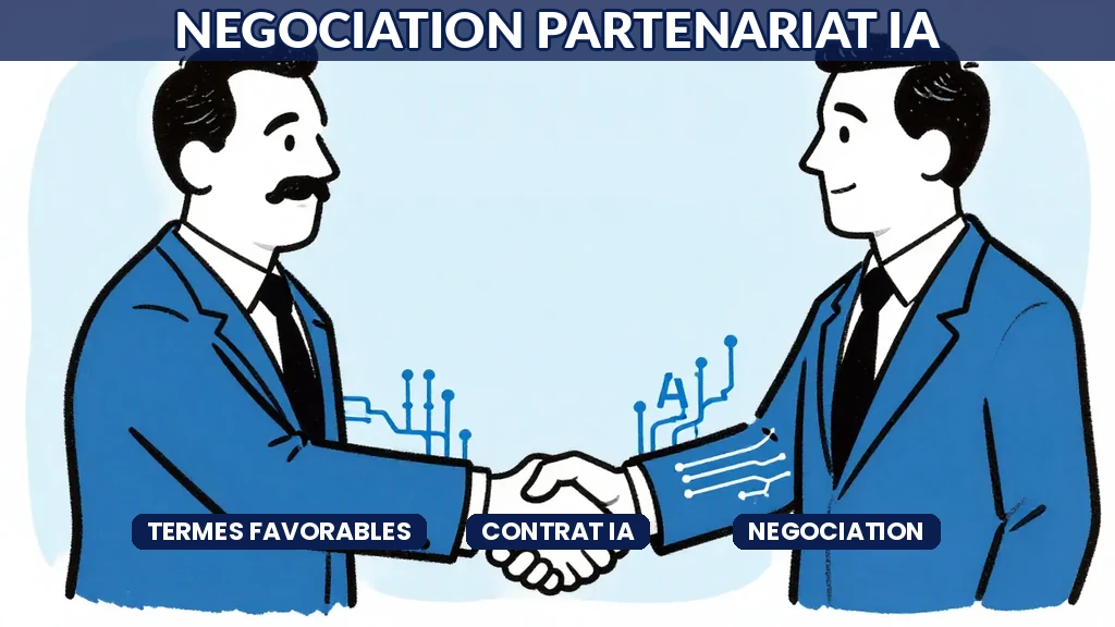 Table de négociation avec documents contractuels et représentants discutant des termes dun partenariat IA stratégique