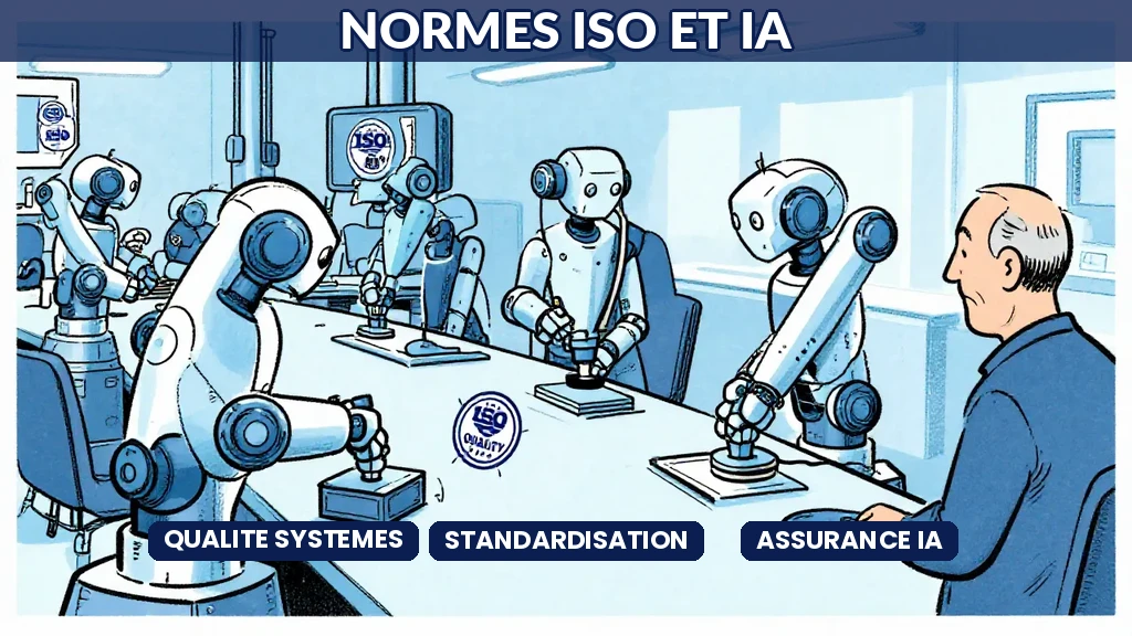 Schéma de certification ISO appliqué aux systèmes dintelligence artificielle avec pictogrammes qualité et engrenages numériques