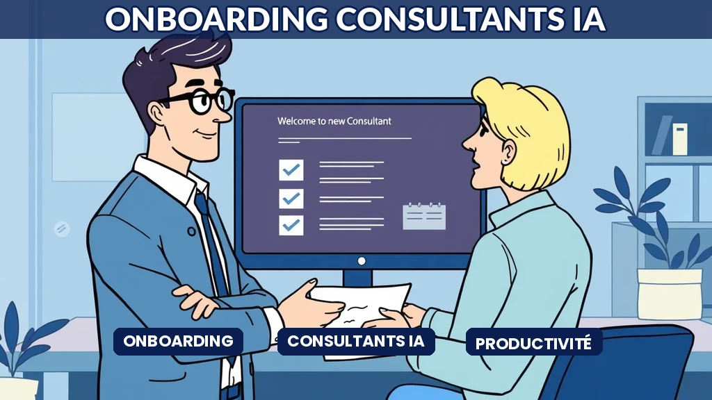 Nouveau consultant IA en session onboarding avec son mentor devant un tableau de progression
