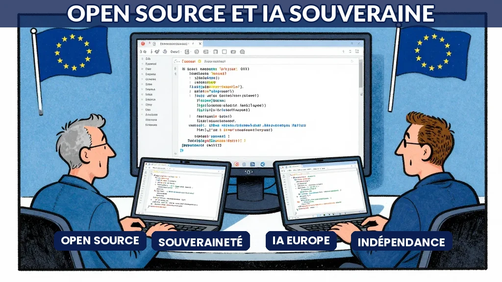 Développeurs collaborant sur un projet IA open source avec drapeaux européens et écrans de code