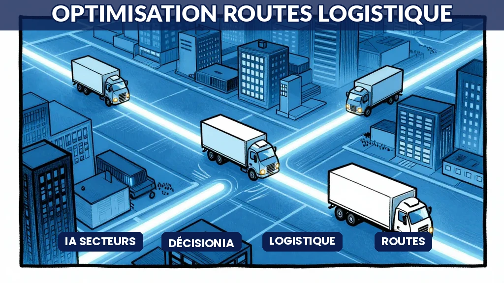 Delivery trucks following AI-optimized glowing routes on city map for urban logistics