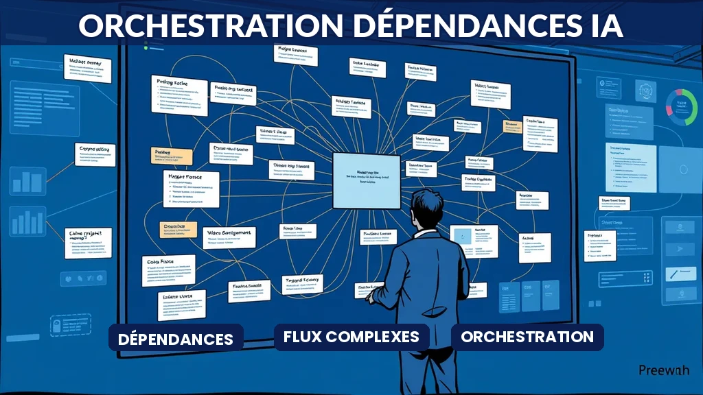 Diagramme interactif de dépendances projet avec des flux colorés et alertes automatiques IA
