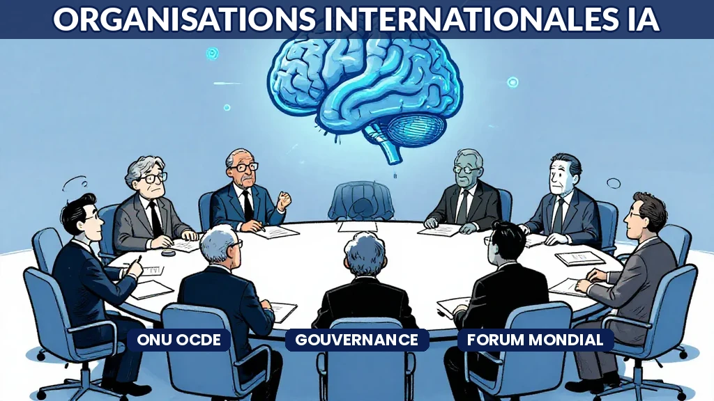 Bâtiments des organisations internationales ONU et OCDE avec hologrammes de réseaux neuronaux symbolisant la gouvernance mondiale de lIA