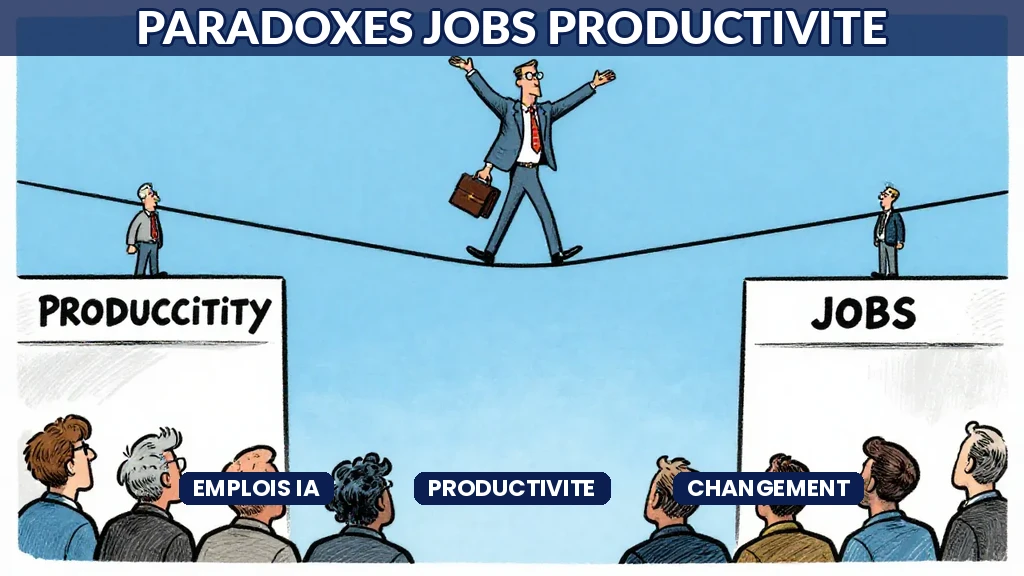 Dirigeants analysant un graphique montrant la balance entre productivité IA et transformation des emplois en entreprise