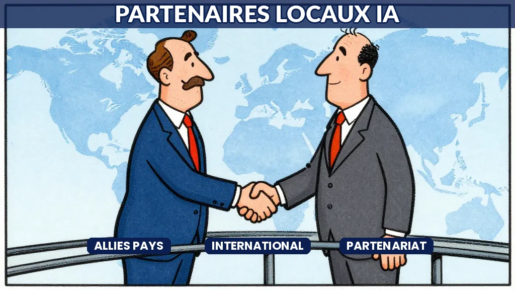 Consultants de différentes nationalités se serrant la main devant une carte du monde symbolisant les partenariats internationaux en consulting IA