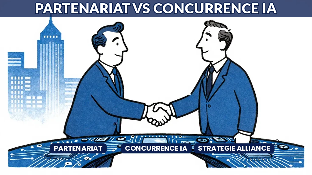 Deux dirigeants face à un choix stratégique entre partenariat et concurrence dans un écosystème intelligence artificielle