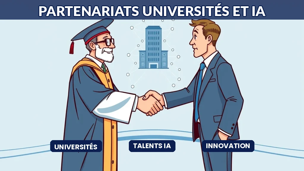 Consultants IA et chercheurs universitaires collaborant autour d'un projet de recherche appliquée en intelligence artificielle