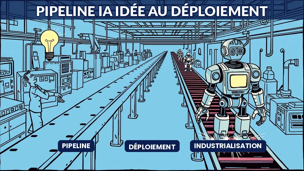 Pipeline IA structuré montrant les étapes de la transformation idée vers déploiement en entreprise