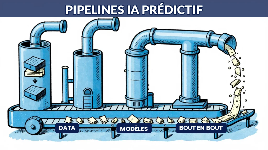 Pipeline IA montrant les étapes de transformation des données vers des prédictions