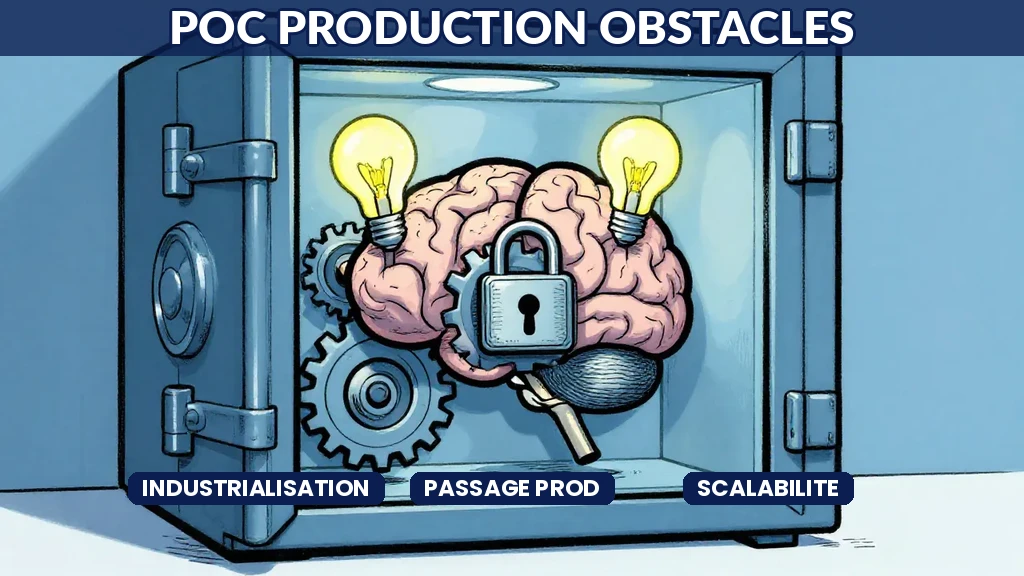 Parcours visuel du prototype IA vers la production avec obstacles identifiés aux étapes de validation technique et adoption organisationnelle