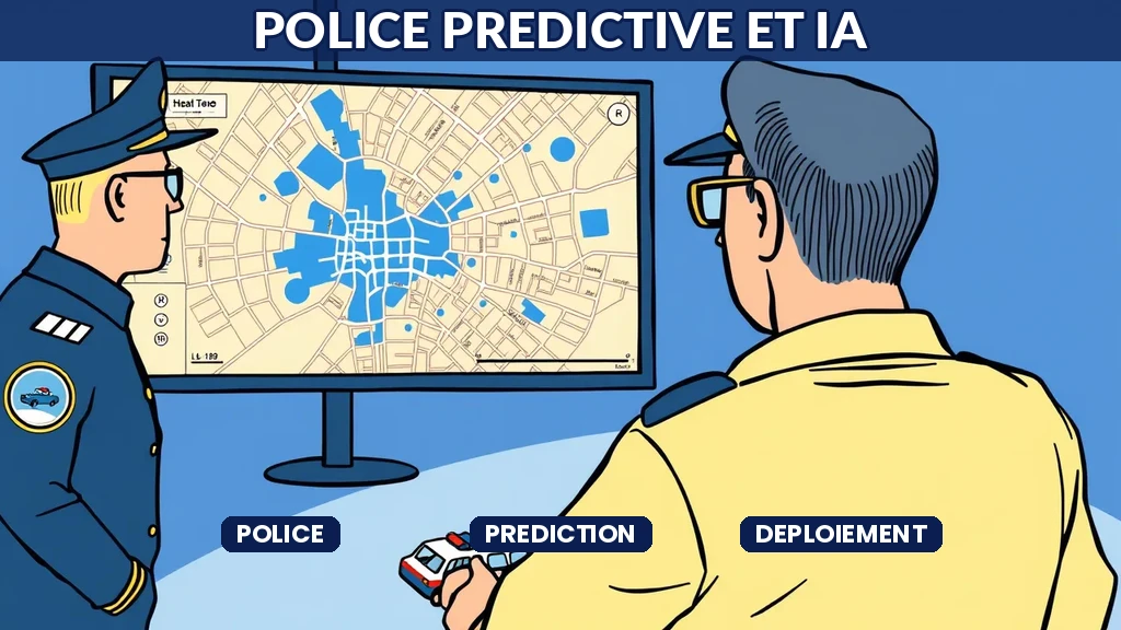** Carte de déploiement de patrouilles de police avec zones de risque identifiées par analyse prédictive et intelligence artificielle
