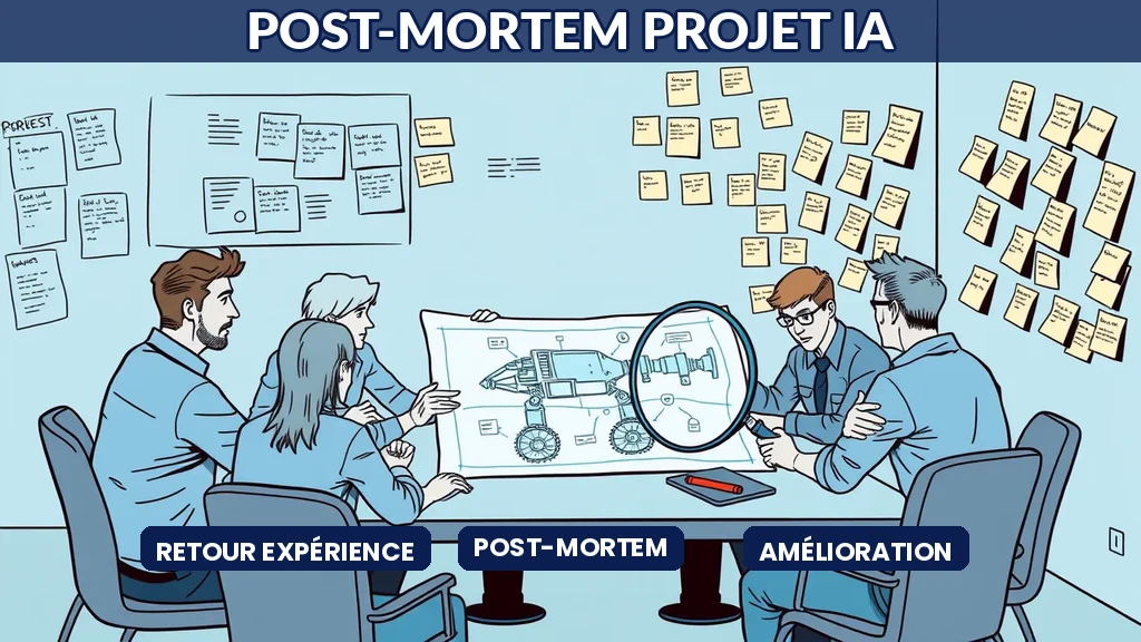 Équipe projet analysant un post-mortem assisté par intelligence artificielle pour capitaliser sur les retours d'expérience
