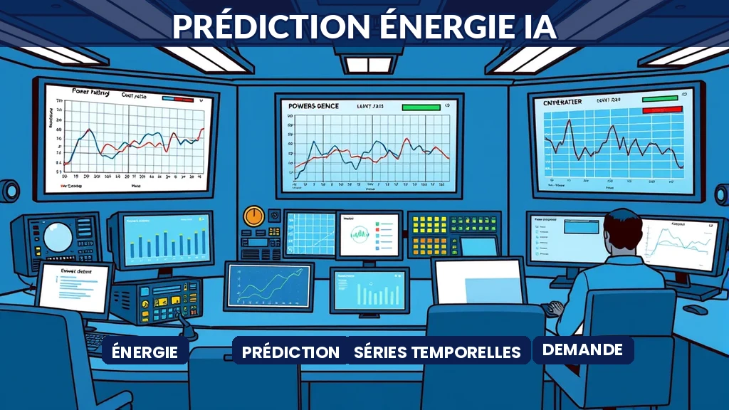 Salle de contrôle centrale électrique avec écrans montrant des courbes de demande énergétique et séries temporelles